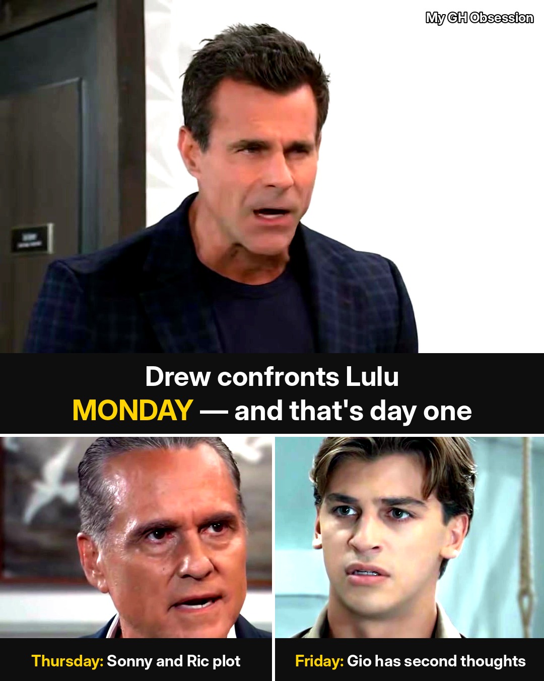 General Hospital Week of October 12–16, Day by Day: Drew Confronts Lulu, Sonny and Ric Plot, and Trina Needs Rescue