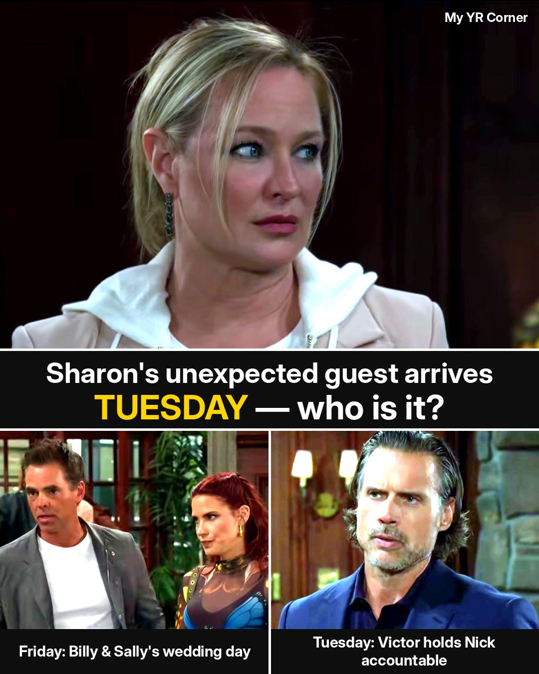 Young and the Restless: Day-by-Day Spoilers for October 12–16 — Sharon’s Unexpected Guest, Victor vs. Nick and Billy & Sally’s Wedding